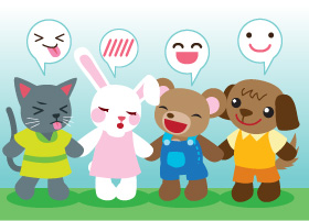 小熊, 小兔, 小貓, 小狗手拉手站著, 表示不同性格的小朋友也可聚在一起玩耍 小熊, 小兔, 小貓, 小狗手拉手站著, 表示不同性格的小朋友也可聚在一起玩耍