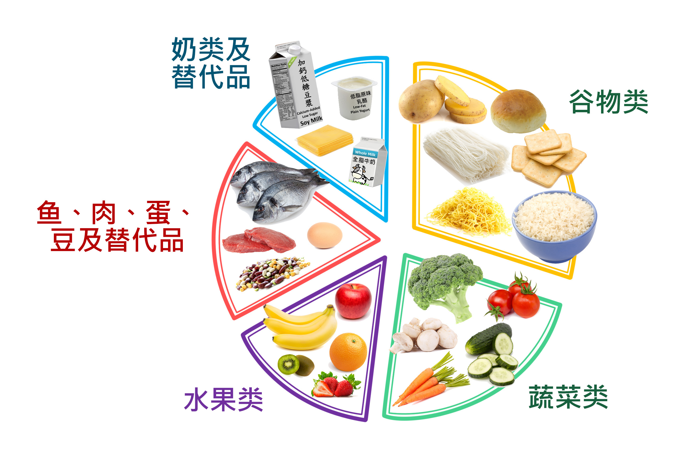 孩子一天的餐单，包括谷物类、蔬菜类、水果类、鱼、肉、蛋、豆及代替品和奶类及代替品